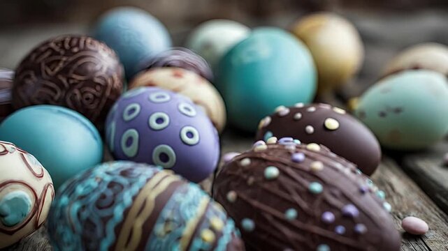 Assorted handmade chocolate Easter eggs with colorful decorations on rustic wooden table