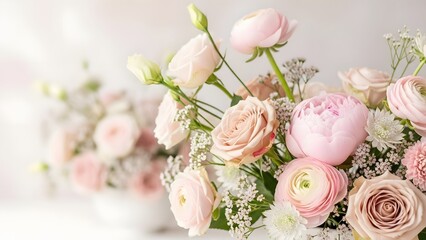 Elegant collection of floral borders and arrangements featuring pastel roses, peonies, and hydrangeas. Soft aesthetic with clean white space for romantic greetings and wedding invitations