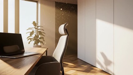 Modern startup office interior with sleek desk and chair near window, illuminated by natural light
