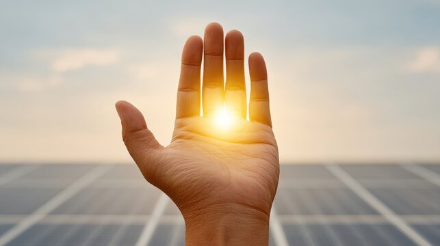 A Human Hand Reaching Out, Emitting Radiant Light in a Friendly Concept of Connection and Hope Against a Background of Solar Panels