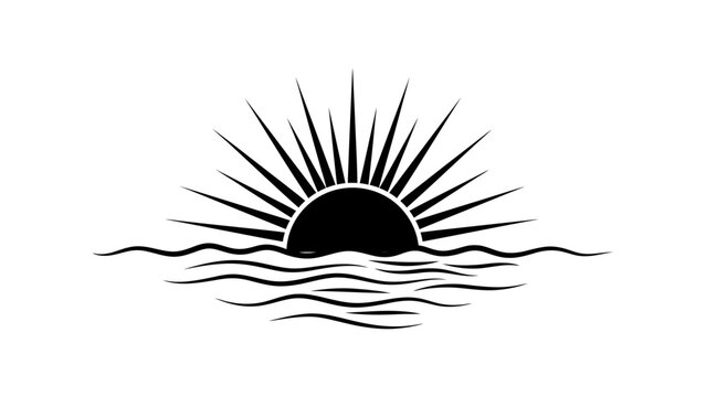 Stylized black sun rising or setting over the ocean waves on a white background