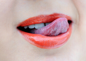 Young Adult Teen Face and Lips. Happy. Tongue Out