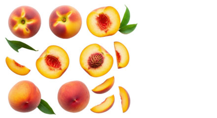 Vibrant, ripe peaches (whole, halved, sliced) and green leaves, meticulously arranged on a transparent background with ample copy space. Concept of fresh healthy eating