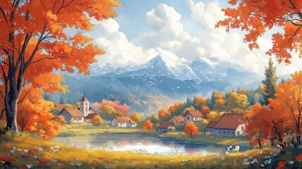 Autumn landscape over village and lake