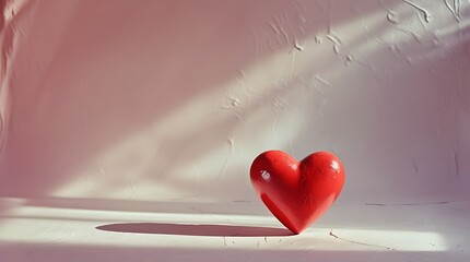 Rustic painted red heart symbol resting on white plaster ground with diagonal sunlight streaks art