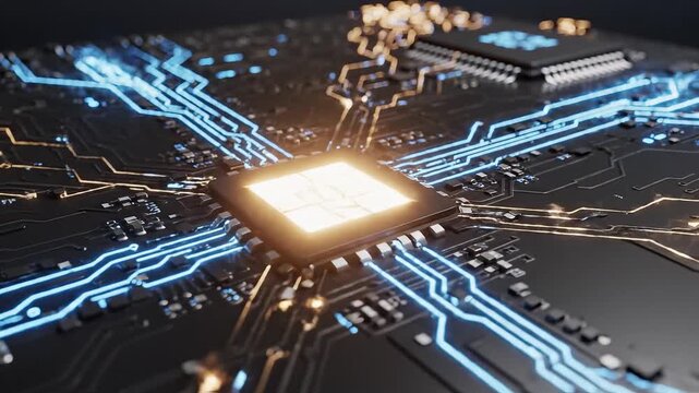 Closeup of glowing circuit board