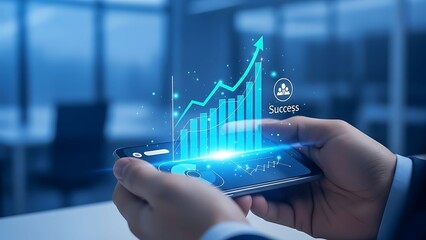 Businessman analyzing successful growth chart on smartphone in modern office