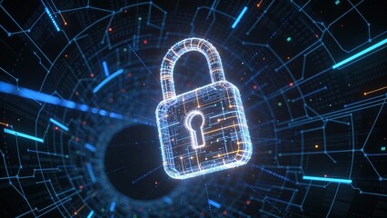 A digital security concept featuring a lock on a binary code background integrated with network lines and glowing light patterns to illustrate advanced data protection