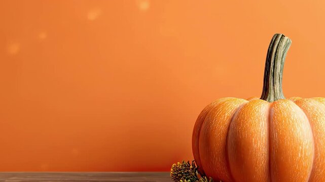 Ripe orange pumpkin on wooden table with copy space against orange background for autumn holidays