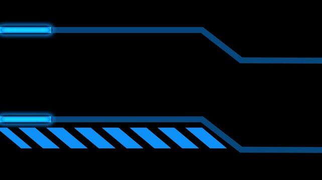Blue futuristic technology HUD lines with glowing energy. Sci-fi interface background with geometric shapes and striped caution bar.