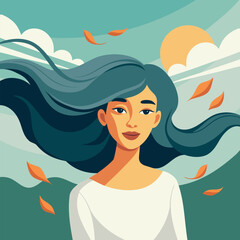 Serene woman with flowing hair on wind and autumn leaves. Illustration.
