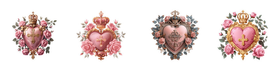 Four ornate heart shaped emblems adorned with roses and crowns perfect for designs on transparent background