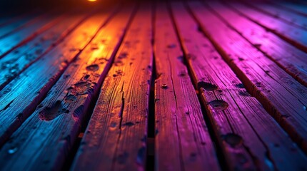 Weathered wooden planks illuminated by vibrant neon lights