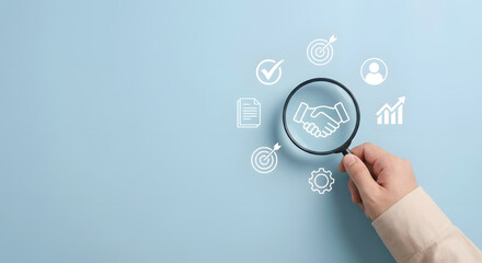 Business partnership analysis with magnifying glass