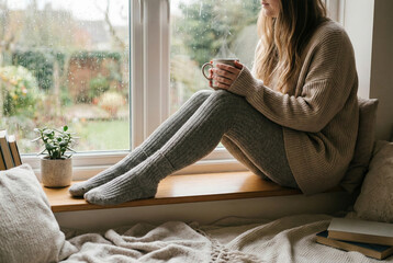 Cozy woman sitting on window sill wearing grey ribbed tights and holding cup of tea. Autumn rainy mood and warm knitted clothing