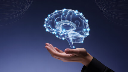 Glowing digital brain with neural nodes hovering above hand symbolizing AI, neuroscience, and connectivity