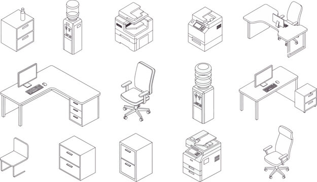 Illustrative depiction of office furniture and equipment arranged in an isometric grid, portraying modern workspaces. 