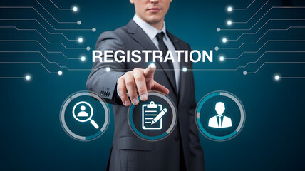 Businessman pointing at digital registration interface with user icons for online signup and identity verification