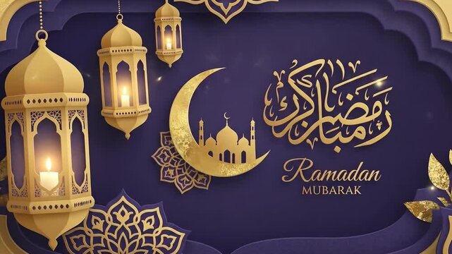 A visually rich and elegant animation featuring a layered paper-cut style design with opulent golden motifs set against a serene deep purple background. Decorative lanterns, inspired by traditional fa