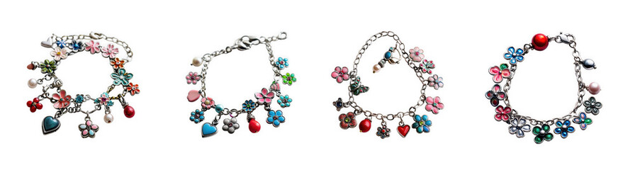 Four ornate bracelets featuring colorful gemstones and floral designs are displayed side by side on transparent background