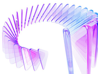 Holographic iridescent glass circle arrow 3d background. Abstract geometric line pattern. Purple blue gradient transparent ribbon of crystal triangle plate shape row. Digital tech