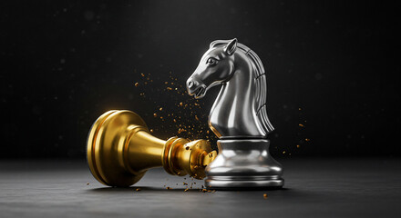 Silver knight chess piece triumphs over fallen golden king