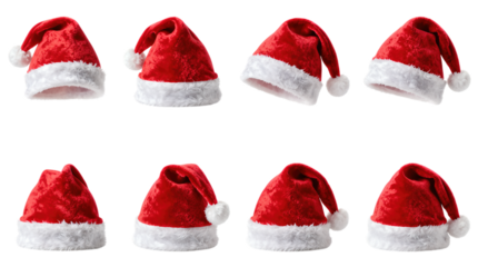 Eight red Santa hats with white fur trim and pompoms.