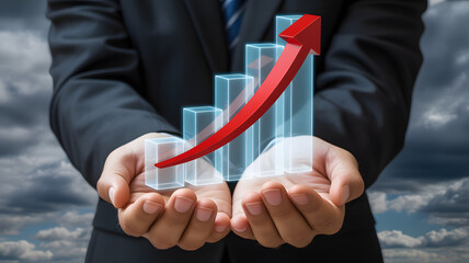 Businessman holding 3D bar chart with red upward arrow symbolizing financial growth and strategic success