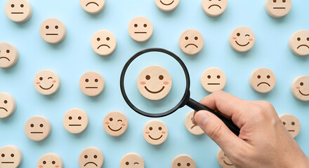 Smiling face among sad faces with magnifying glass