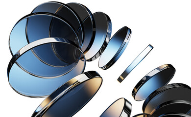 Abstract dark 3d background with neon glass circle disc and blue brown gradient. Circular ring motion effect of crystal round disks, holographic transparent lens. Digital tech banner