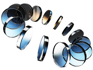 Neon glass round discs with brown blue gradient on dark 3d background. Circular motion effect of crystal glossy plates. Holographic iridescent transparent disks in ring shape render