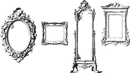 Ornate, antique frames and mirror create a sense of history and elegance, capturing the timeless beauty of classic design in an illustration-style.