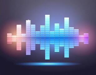 Fototapeta premium A unique block-style audio equalizer presents digital sound levels with glowing square elements on a subtly reflective dark background.