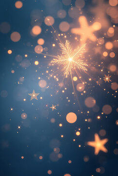 A shimmering golden starburst with festive bokeh lights on a deep blue background
