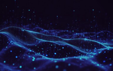 Digital terrain landscape with blue particles rising from wave Logo surface background