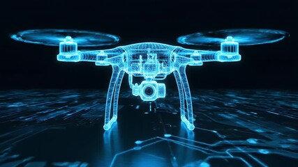A futuristic drone design rendered in a blue wireframe style.
 - Powered by Adobe