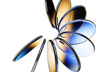 Abstract black 3d background with neon glass circle disc, radiant blue yellow gradient. Crystal round disks, holographic transparent lens, circular motion effect. Digital tech banner