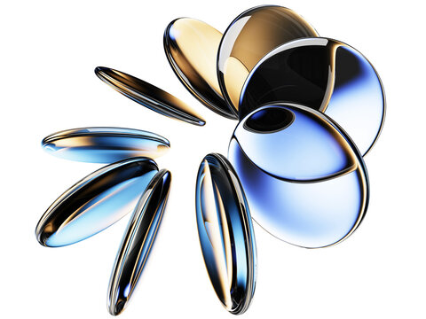 Dark blue 3d background with golden neon glass circle discs. Crystal hologram round disks with light refraction and motion effect. Abstract ring shape of luminous transparent plates