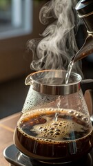 Close-up of coffee brewing in a glass pot steam. realistic reflections and motion blur.