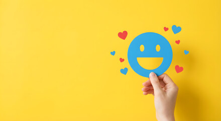 happy face with hearts on yellow background