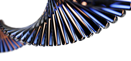 Neon glass spiral wave of transparent lines with blue brown gradient on dark 3d background. Abstract dna structure for science technology design. Futuristic graphic render wallpaper