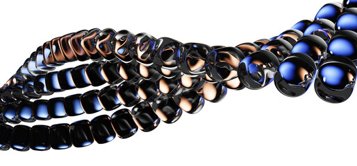 Neon glass spiral line of transparent round balls with blue brown gradient on black background. Abstract curve wave pattern. Futuristic dna structure for science and technology design