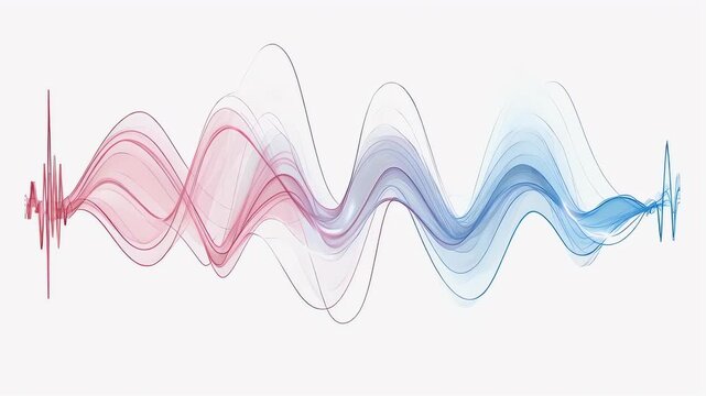 An abstract image features a flowing, wavy design that transitions from red to blue, resembling a sound wave or energy field. The white background