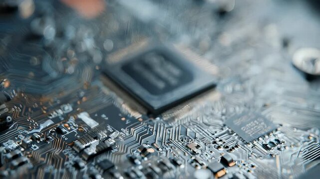 A detailed close-up of an electronic circuit board, showing intricate pathways and integrated components, with soft focus and a shallow depth of field
