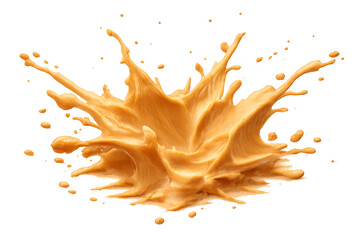 Caramel splash creating liquid crown with sweet creamy drops, dynamic motion effect on transparent background