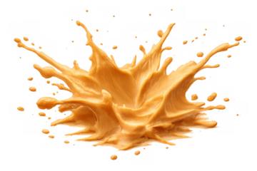 Caramel splash creating liquid crown with sweet creamy drops, dynamic motion effect on transparent background
