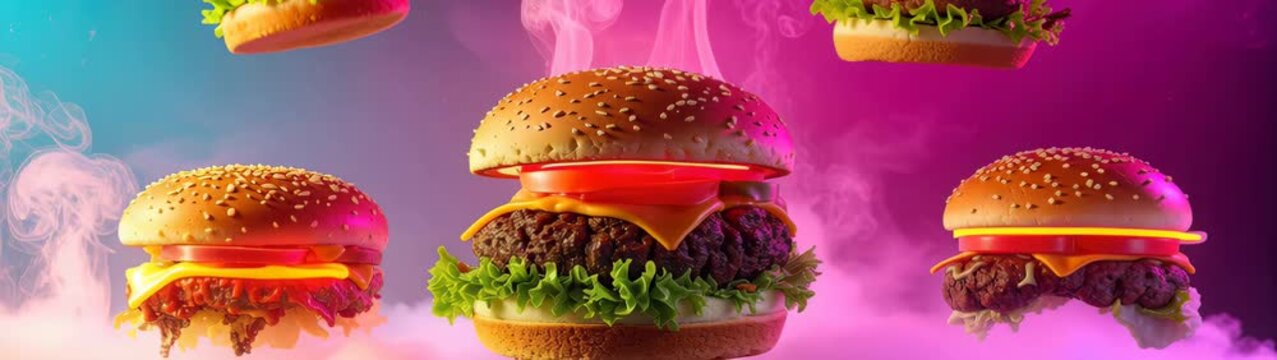 Hamburgers with neon light accents floating amidst pink and blue smoke.