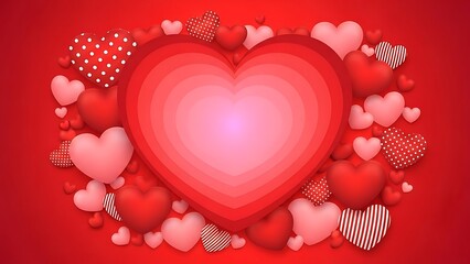 Large red heart frame surrounded by various small red and pink hearts on solid bright red background