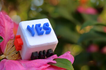 YESの文字が書かれたキューブの屋外写真