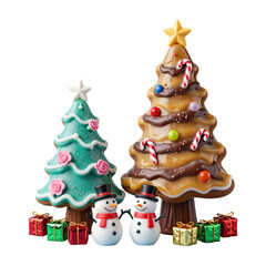 Naklejka premium Festive Christmas tree cookies with snowmen and gifts.